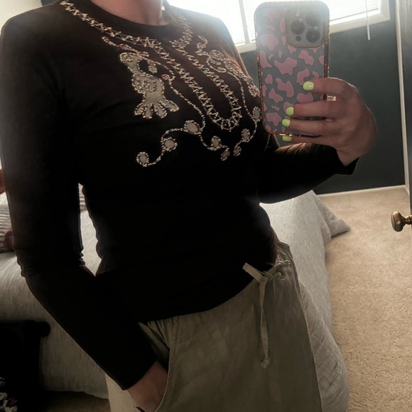 Vintage 60s 70s Beaded Boho Queens Way to Fasion Long Sleeve Fitted Tee - Picture 6 of 13